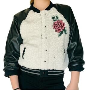 Jessica Simpson Bomber Jacket Girls‎ L White Black Faux Fur Leather Varsity Rose